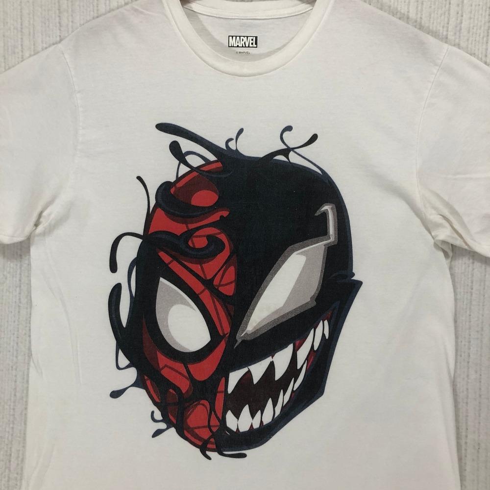 Marvel Spider-Man Venom Split Face Graphic T-Shirt White Large Mens Crew Neck